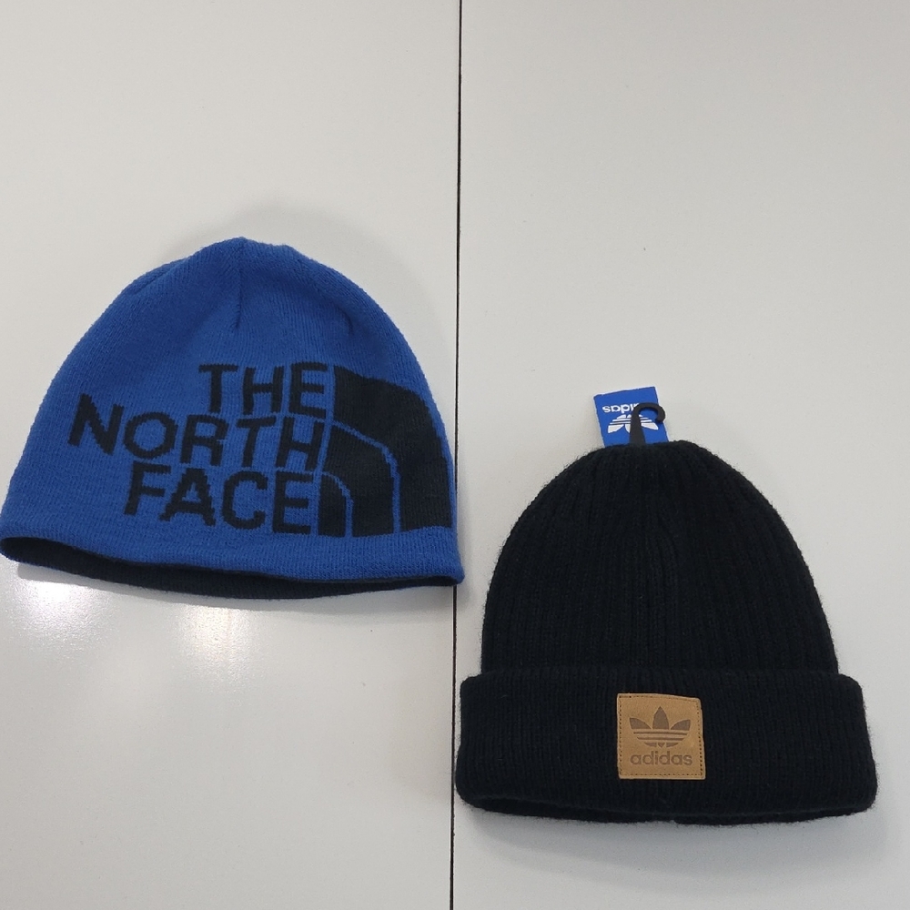Lot Of 2 The North Face Blue Reversible Beanie And NWT Adidas Black Beanie